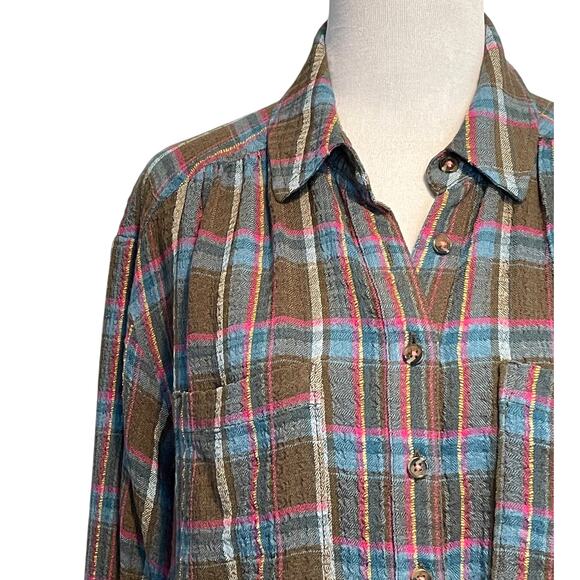 PILCRO The Romy Top Womens Small Olive Teal & Pink Plaid Relaxed Button Shirt - Picture 3 of 8